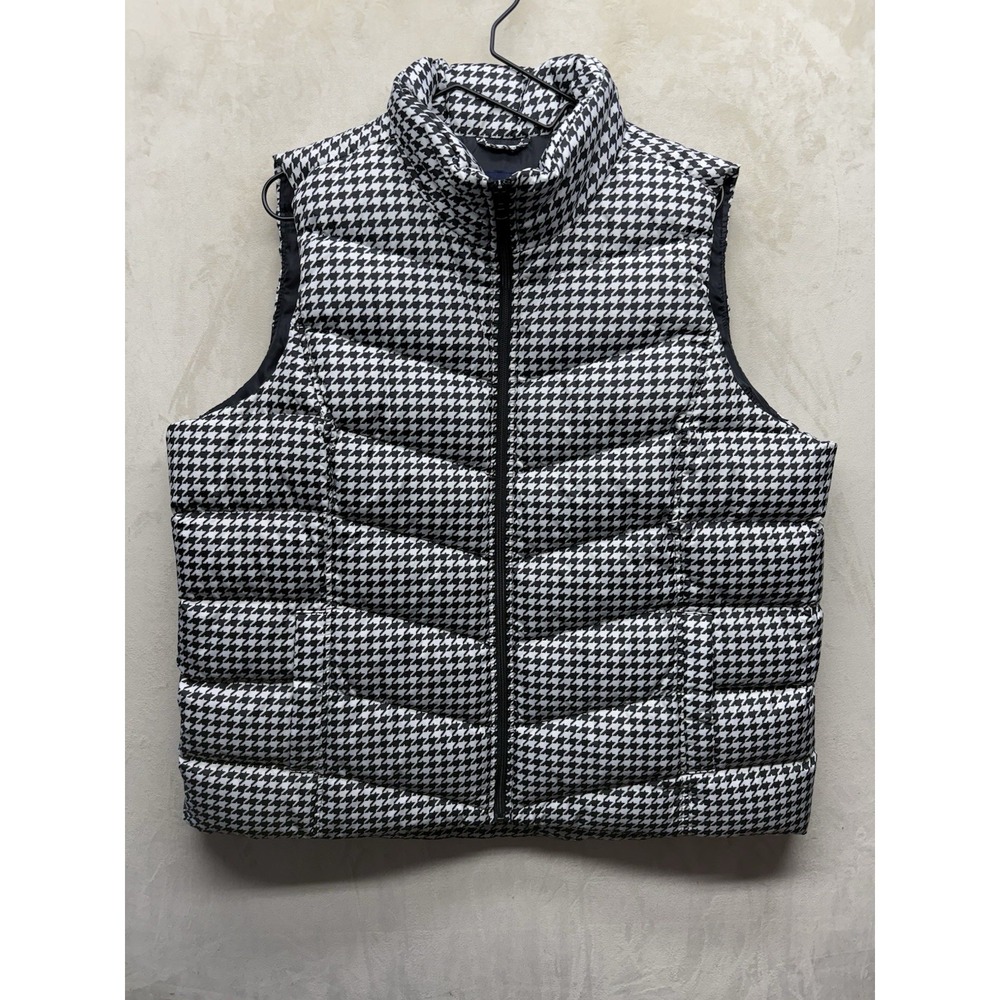 Lands' End Down Puffer Vest Womens 1X HyperDRY Black White Houndstooth Full Zip